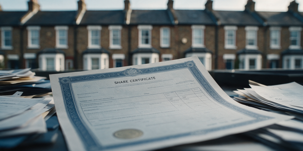 Share certificate for a property SPV resting on a desk with terraced houses behind